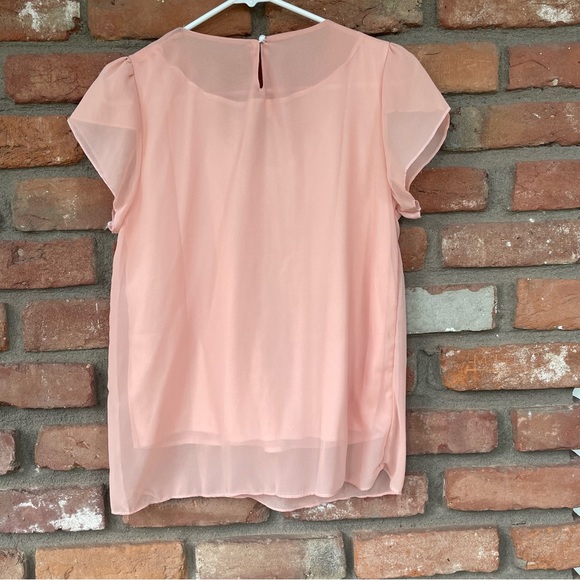 Peach Chiffon Top with Beaded Round Neckline and Crossover Flutter Sleeves - Picture 7 of 11